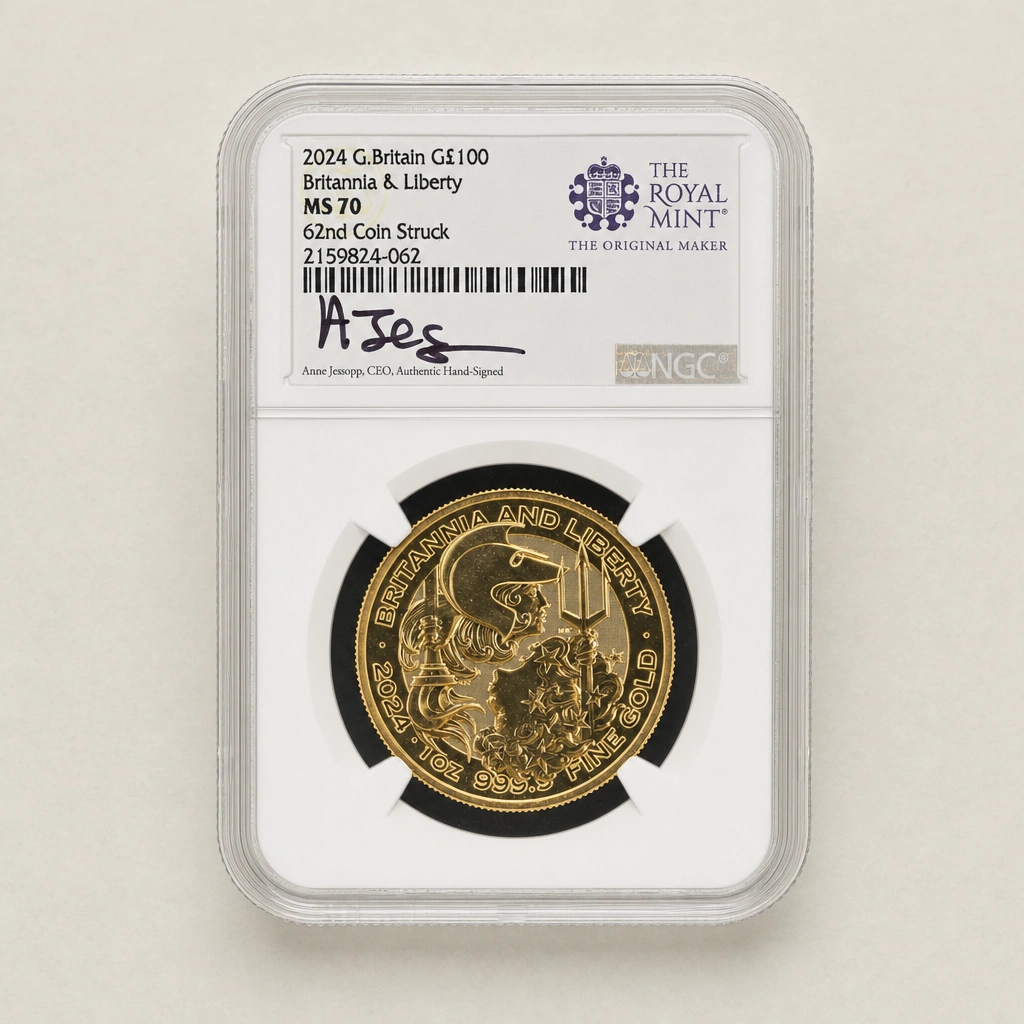 2024 1oz Gold Britannia & Liberty NGC MS70 — coin and NGC grading label