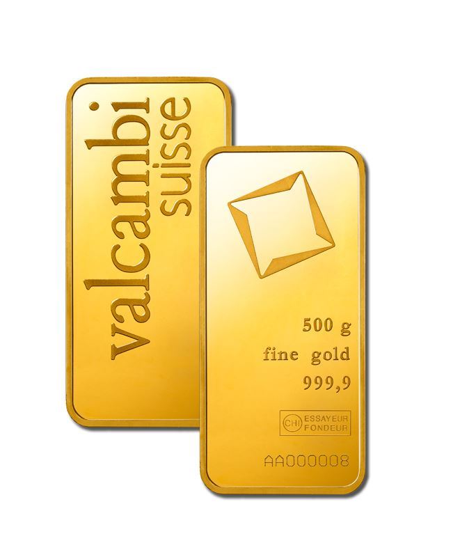 Valcambi 500g Gold Bar — front and back views